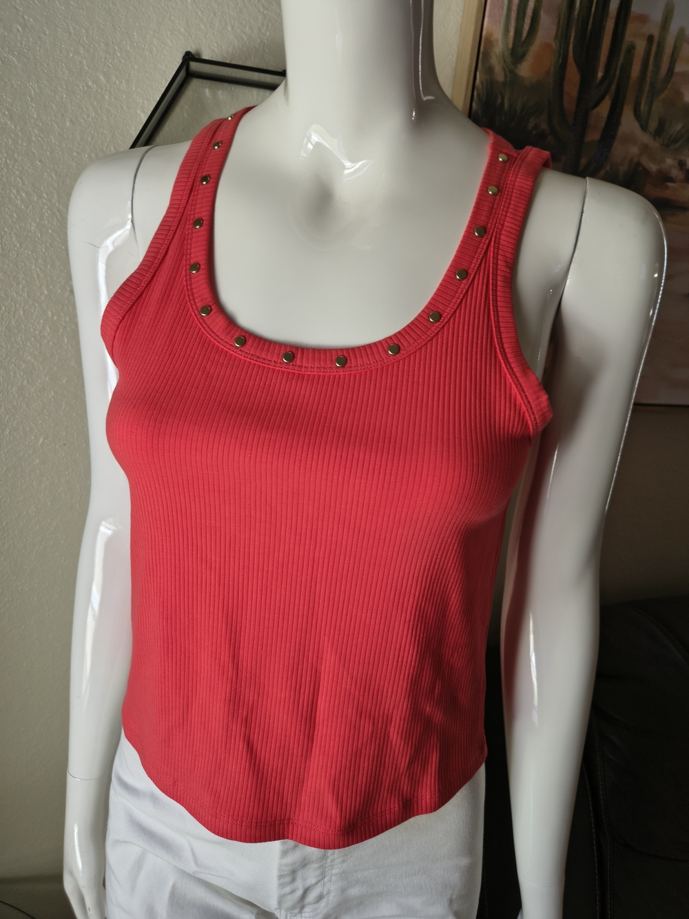 Michael Kors Coral Ribbed Scoop Neck Tank with Stud Trim